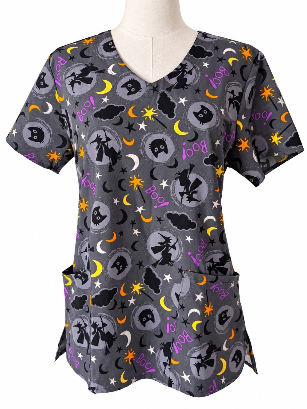 Zoe + Chloe Halloween Scrub Top S Witch Cat Boo Moon Stars Gray NWOT